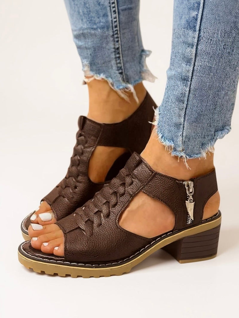 Cordelia women's block heel zip sandals in brown with cushioned insole and sleek zip-up closure, side view