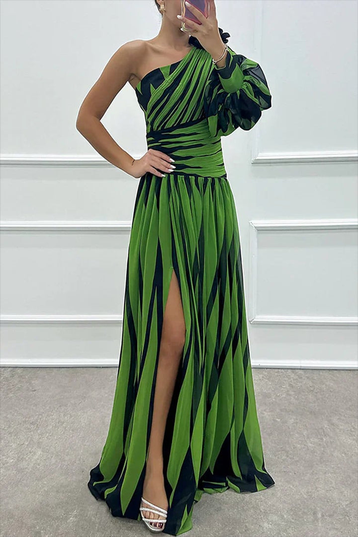 Cordelia one-shoulder maxi dress in rose red showing flattering striped pattern and flowing skirt
