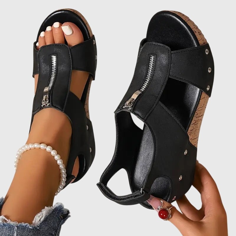 Cordula women's orthopedic zipper sandal in black with cushioned footbed and adjustable straps