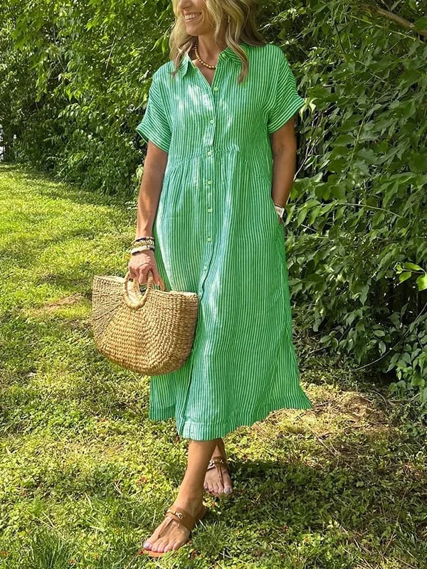 Side view of flowing striped long shirt highlighting elongating silhouette
