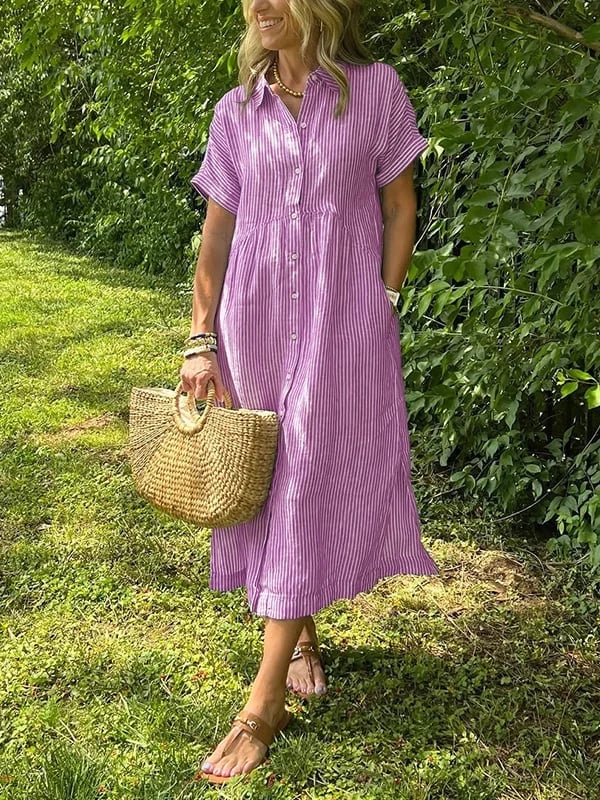 Back view of striped button-up long shirt showing relaxed fit and length