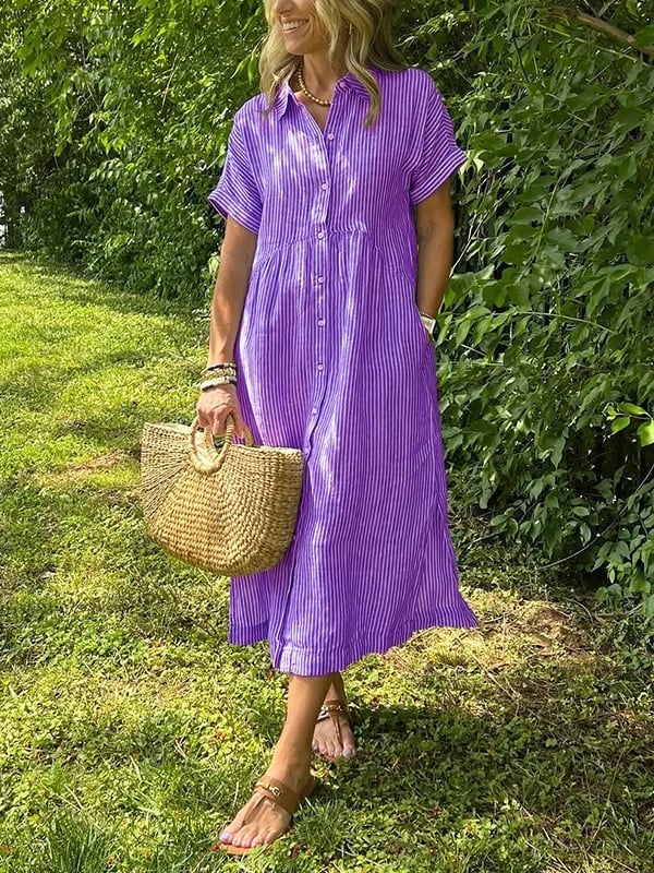Striped long shirt laid flat showing full length and button-up front