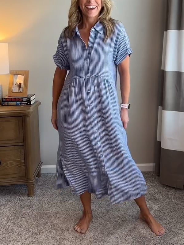 Model in striped long shirt showing sleeve length and overall drape