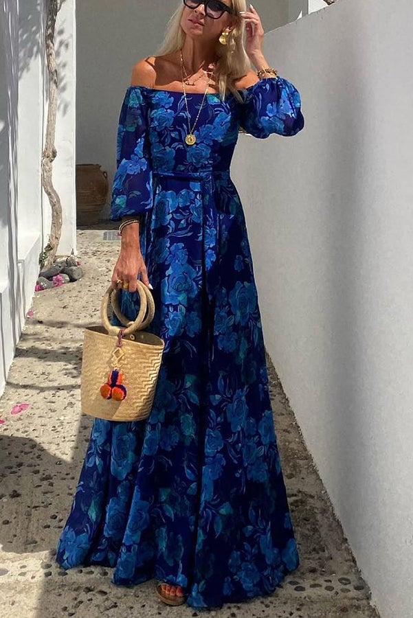 Close-up of the blue floral print and off-shoulder neckline detail on the Cosette maxi dress