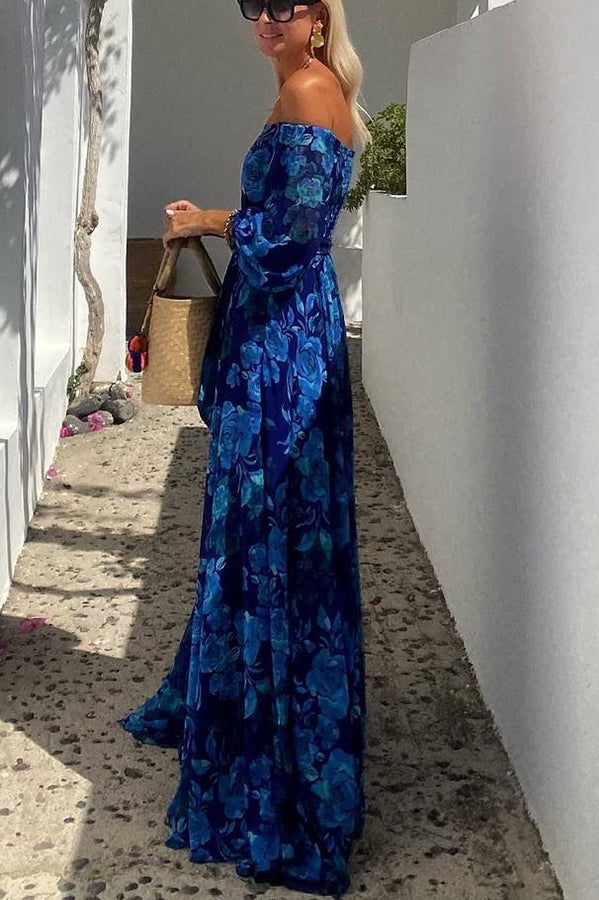 Full-length view of the Cosette blue floral maxi dress showing the breezy skirt and graceful fit