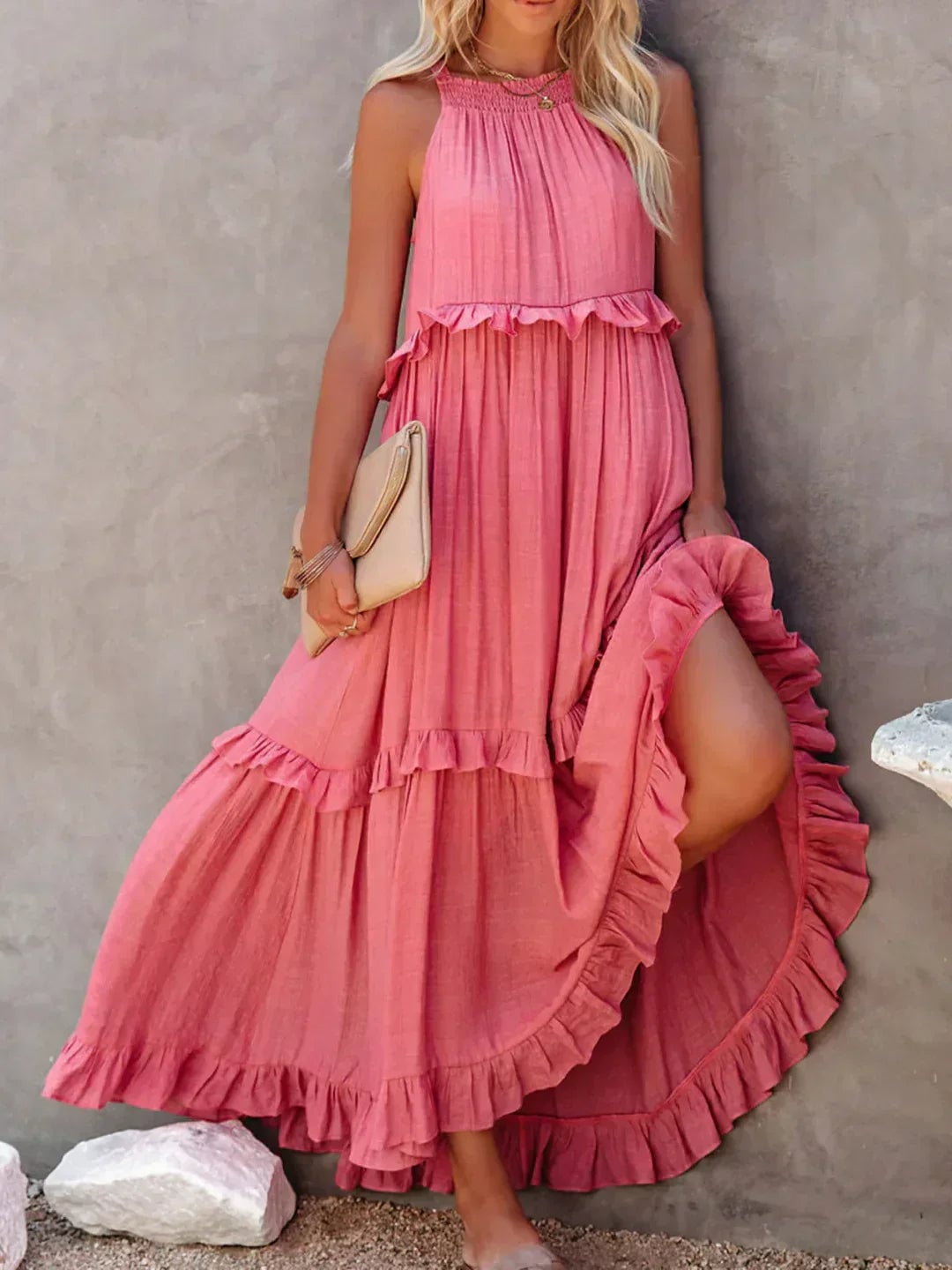 Close-up of fabric drape and ruffle detail on the Courtney dress in green