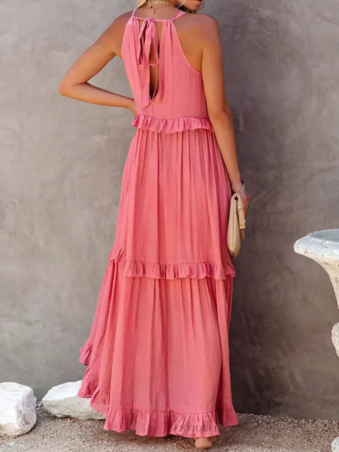 Courtney elegant sleeveless dress in yellow, full-length outdoor lifestyle shot