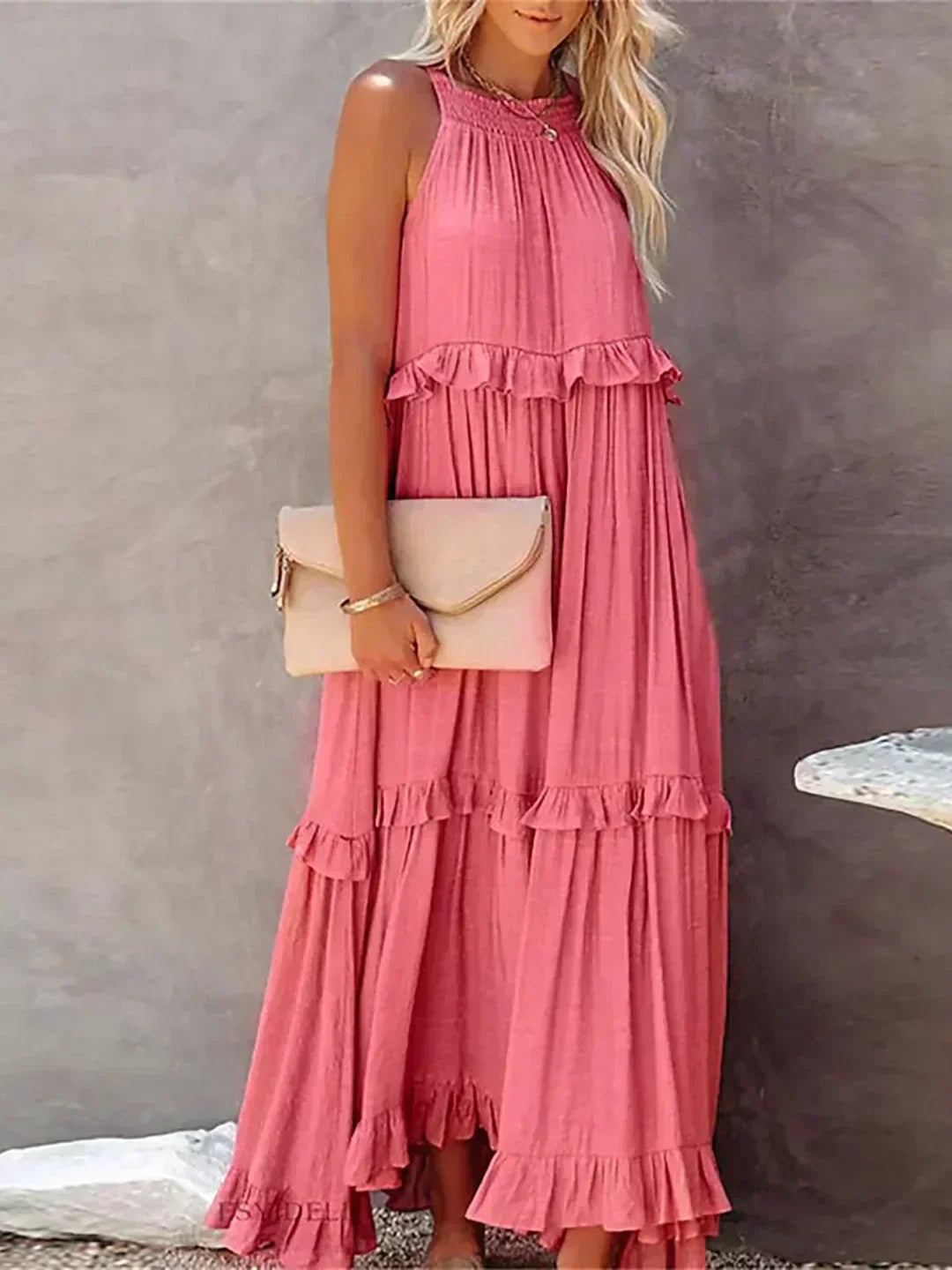 Courtney sleeveless ruffle dress in beige, front and side angle view