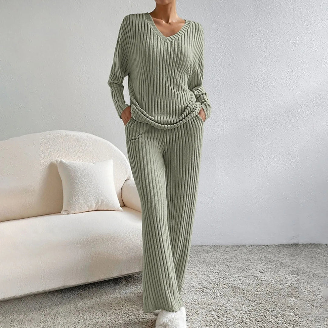 Overhead flat lay of ribbed knit two-piece set showing fabric texture and color
