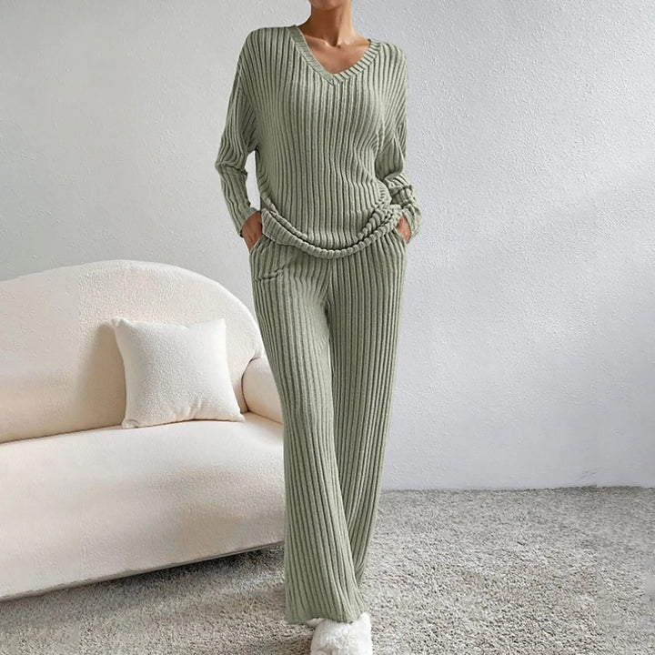 Overhead flat lay of ribbed knit two-piece set showing fabric texture and color