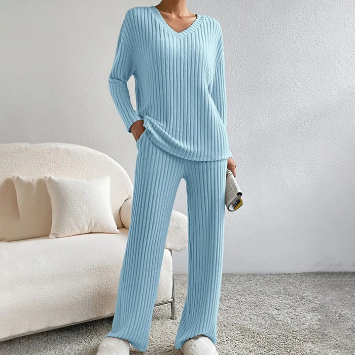 Model in ribbed knit set in black styled for a casual everyday look