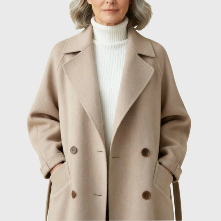 Flat lay of the longline overcoat in three colorways: beige, brown, and black