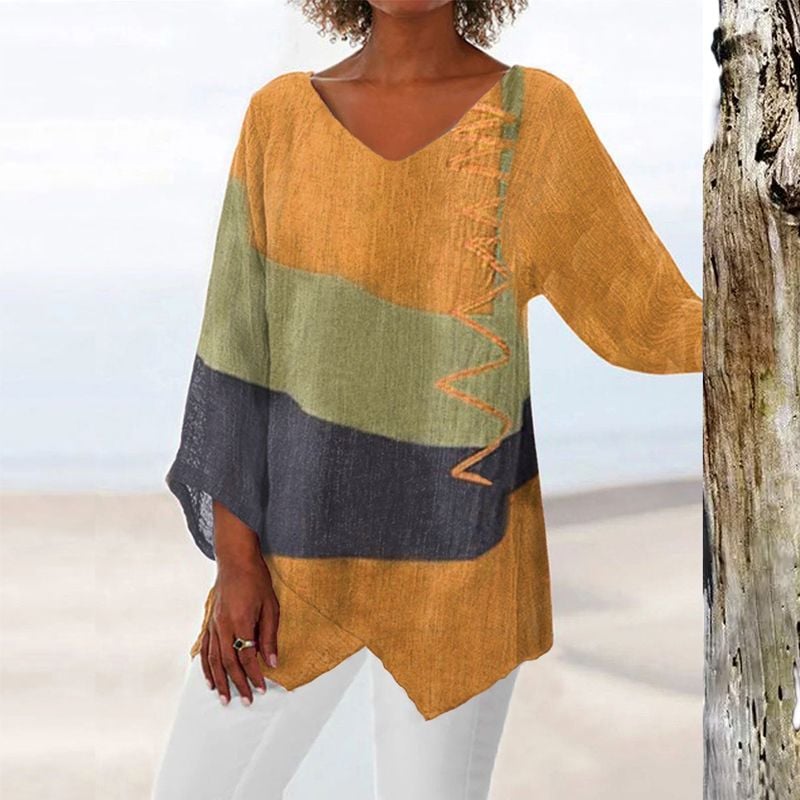 Front view of blue artistic brushstroke long shirt with flowing relaxed fit