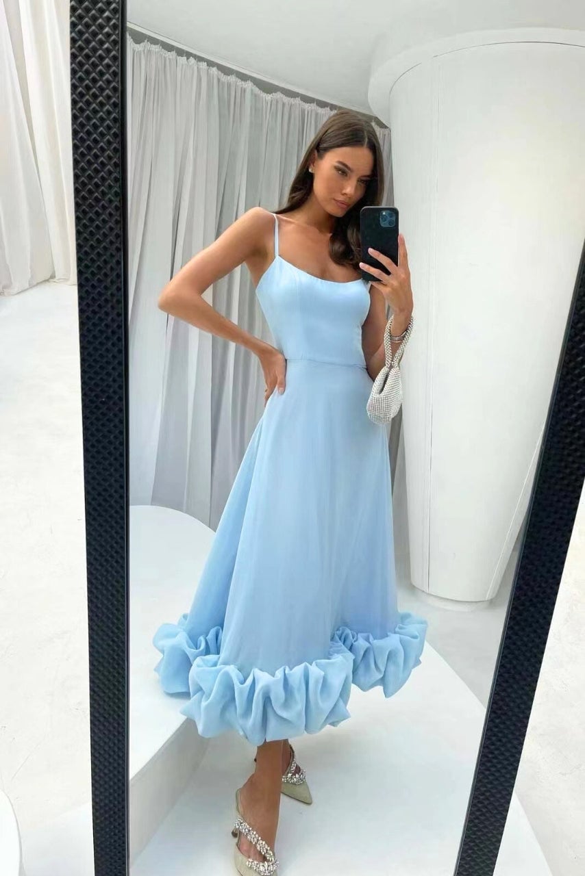 Dahlia dress in blue — full-length view of the flowing evening style