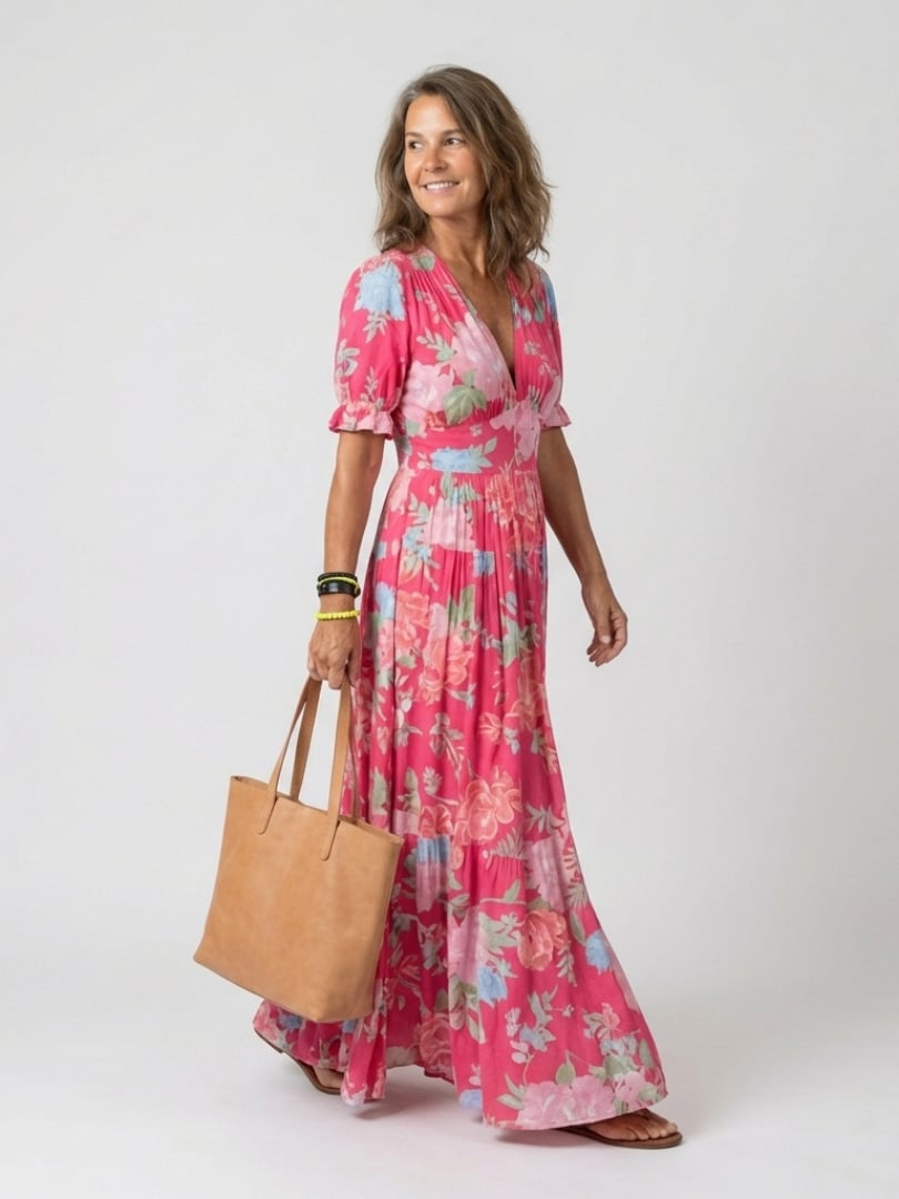 Front view of the Dahlia floral midi dress in sky blue showing the V-neckline and tiered skirt
