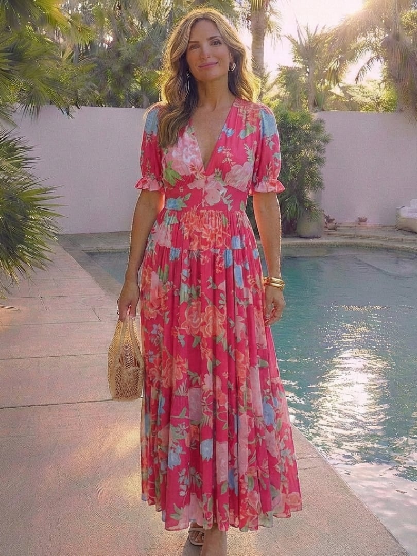 Model styled in the Dahlia floral midi dress in pink with sandals for a garden party look