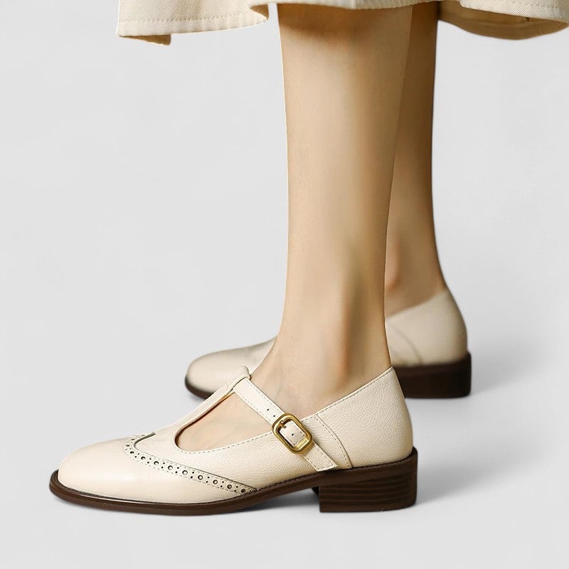 Front view of the Daisy casual Mary Jane shoes in beige with a rounded toe and classic ankle strap