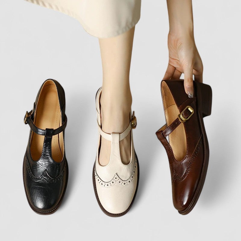 Top-down view of the Daisy casual Mary Jane shoes in beige displaying rounded toe shape