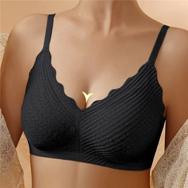 Front view of seamless wire-free comfort bra in nude showing smooth silhouette and natural shaping
