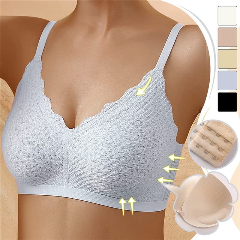 Before and after comparison showing lifted breast support provided by the seamless comfort bra
