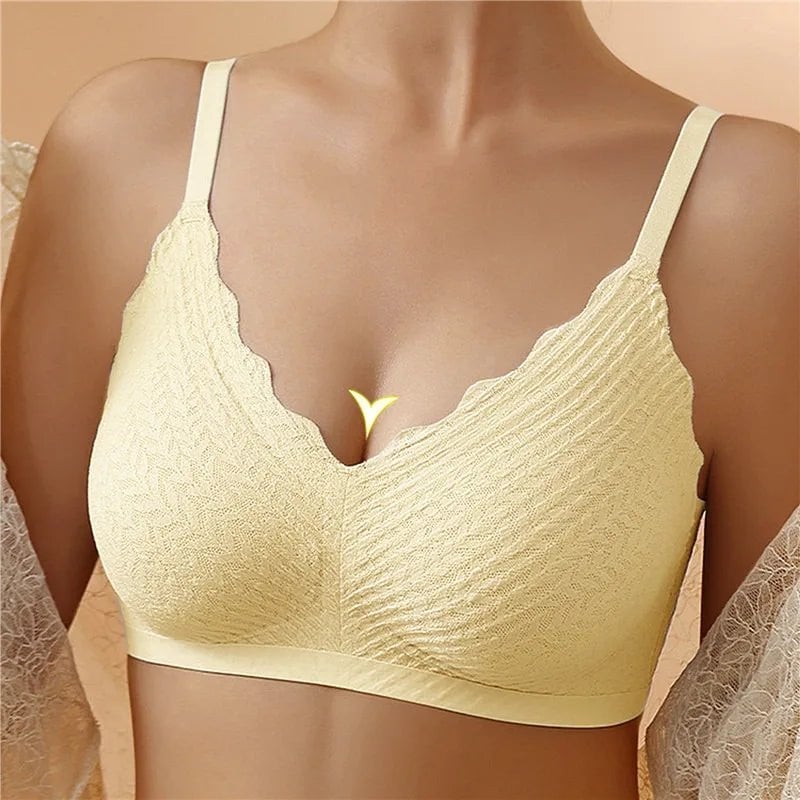 Seamless comfort bra laid flat showing adjustable elastic band and back clasp detail