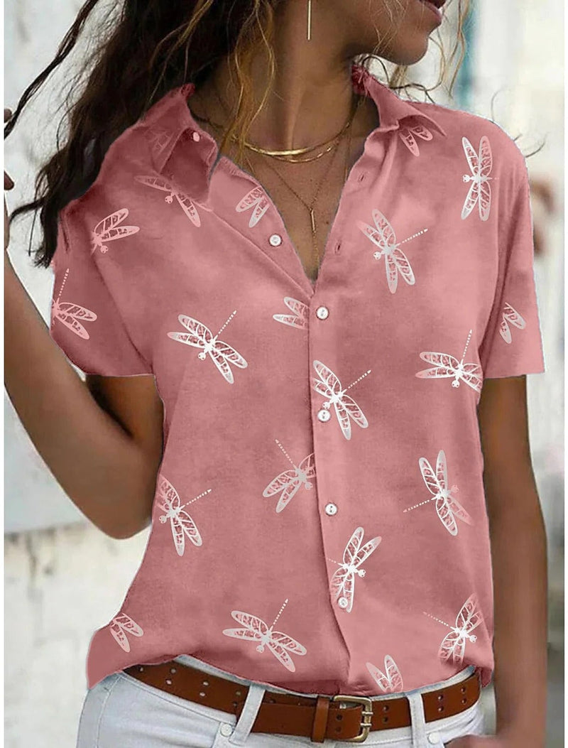 Women's relaxed-fit short sleeve button-down shirt with an all-over white dragonfly print on a dusty pink background