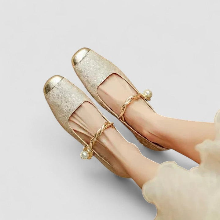 Beige orthopedic mary jane shoes with rounded toe and classic strap, side view