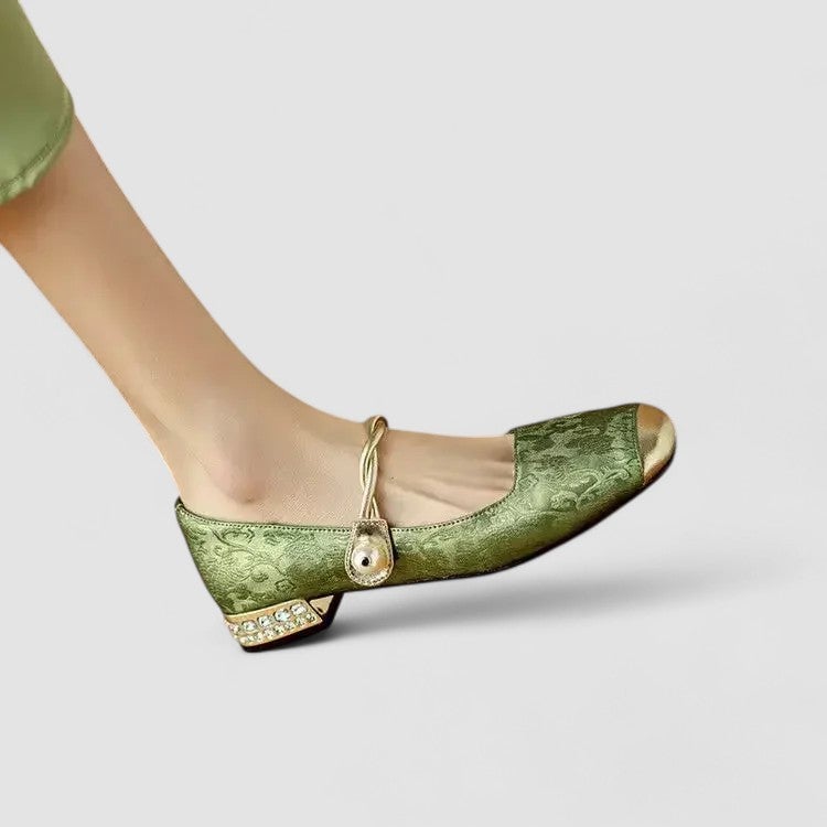 Close-up of the Mary Jane strap and refined finish on beige orthopedic shoes