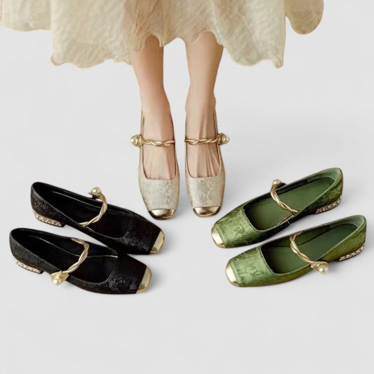 Top-down view of green orthopedic mary jane shoes showing rounded toe detail