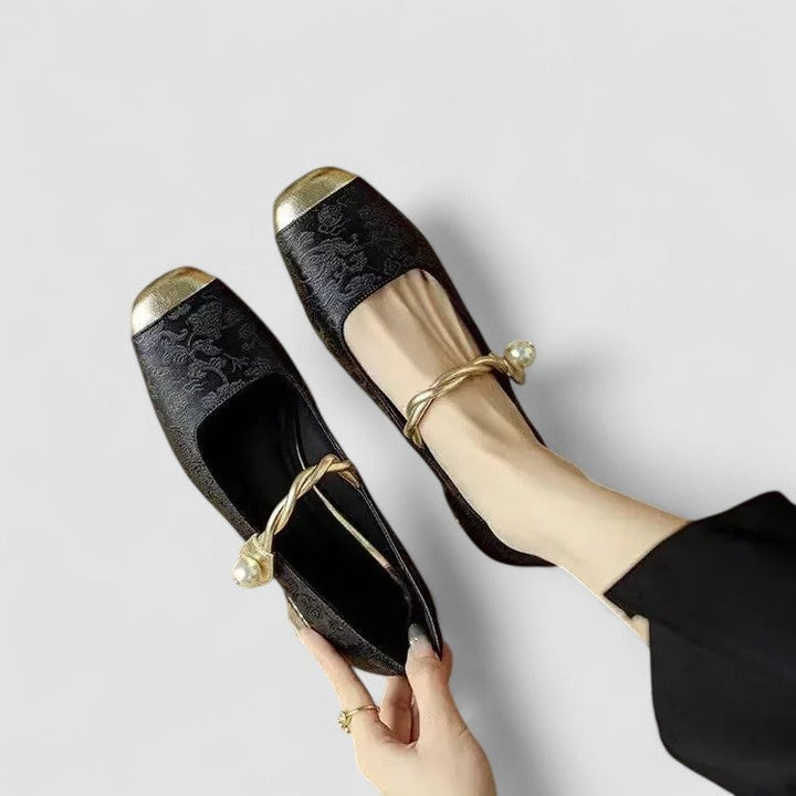 Top-down view of beige orthopedic mary jane shoes showing rounded toe detail