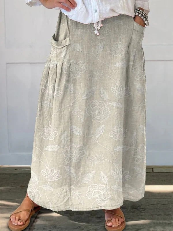 Grey vintage floral A-line skirt with elastic waistband and side pockets, shown in a relaxed flowing silhouette