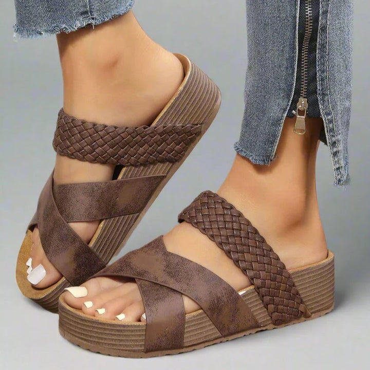 Dana orthopedic sandals in brown shown from a front angle highlighting the padded insole and ergonomic sole