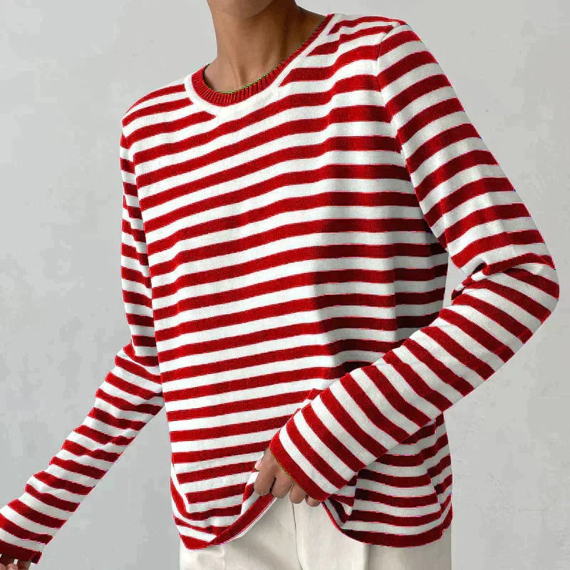Close-up of the Dana striped T-shirt fabric and round neckline detail