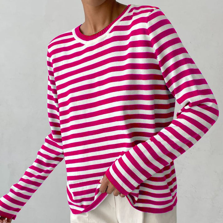 Woman wearing the Dana striped T-shirt in brown, showing the relaxed silhouette and flattering fit