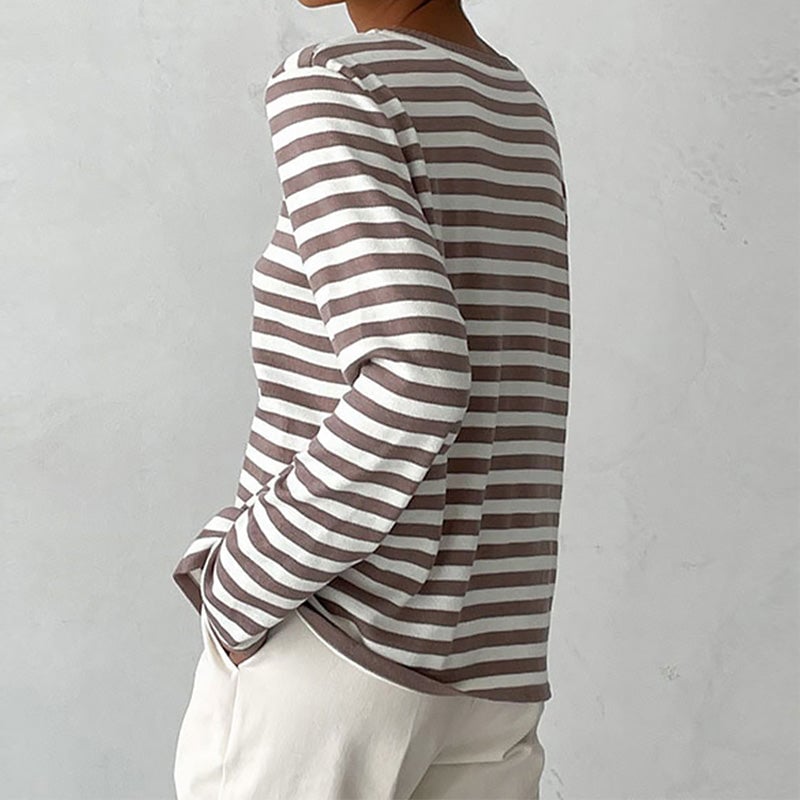 Flat lay of the Dana striped summer T-shirt showing full length and stripe pattern detail