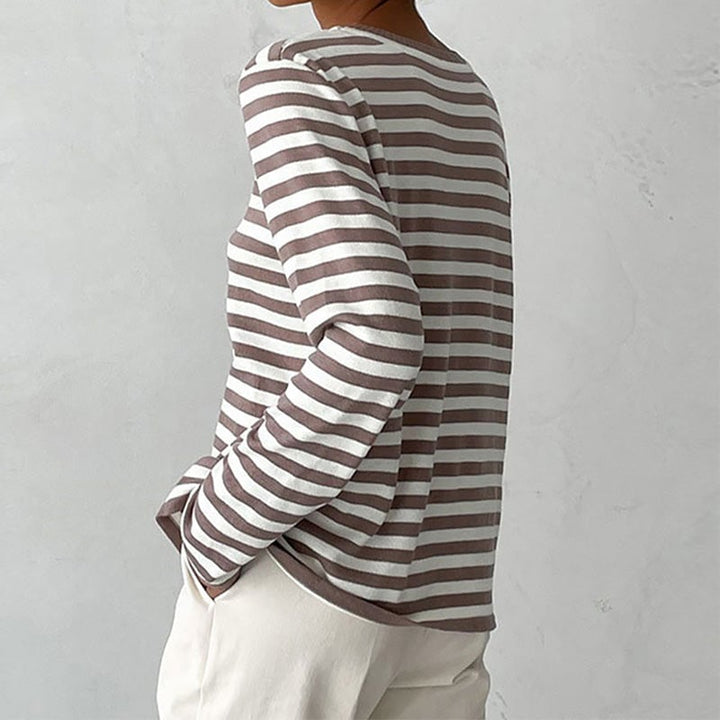 Flat lay of the Dana striped summer T-shirt showing full length and stripe pattern detail