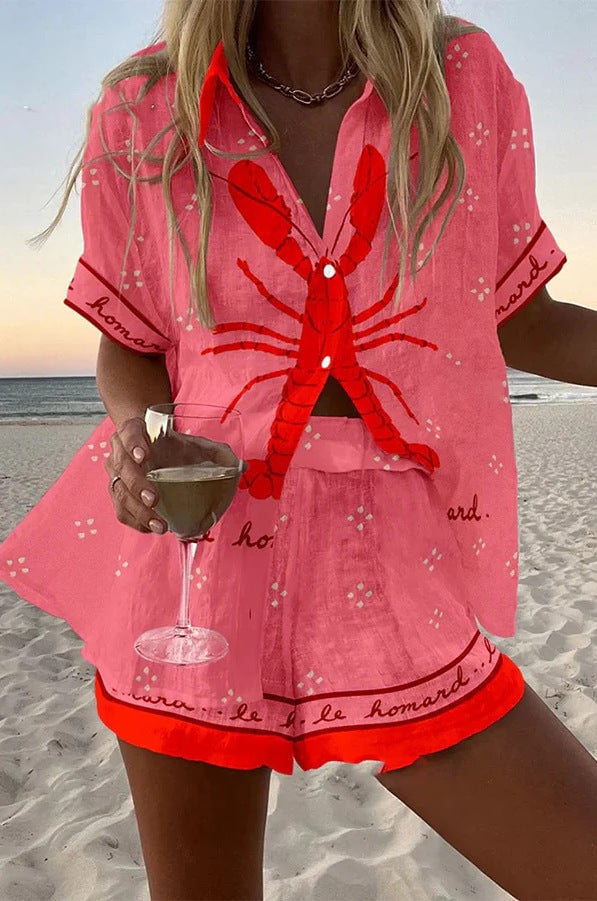 Woman wearing a cheerful pink printed matching short set with short sleeves and coordinating shorts, styled for summer