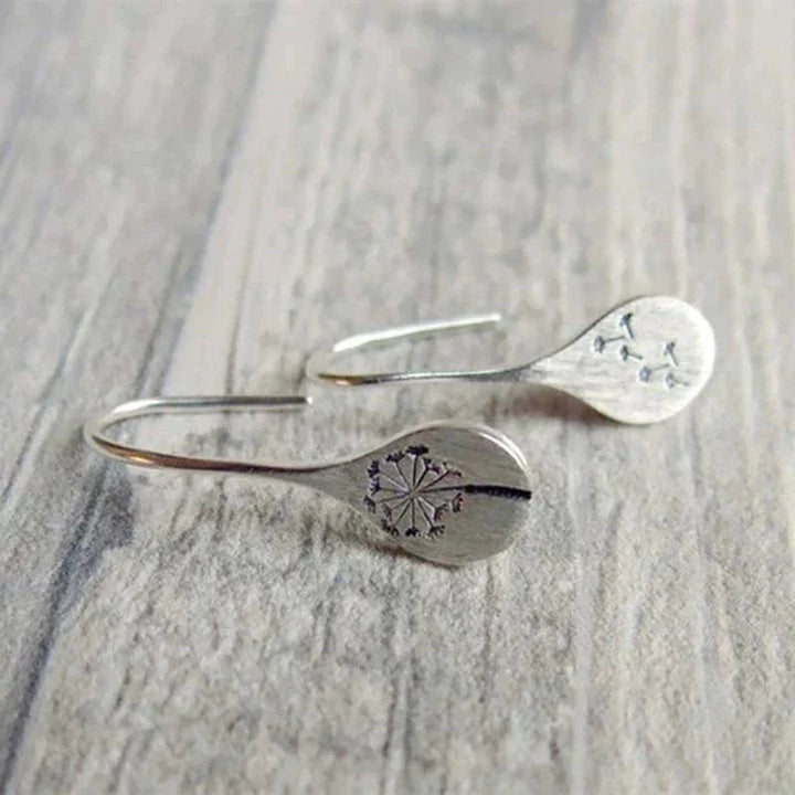 Overhead detail shot of dandelion earring showcasing intricate sterling silver craftsmanship