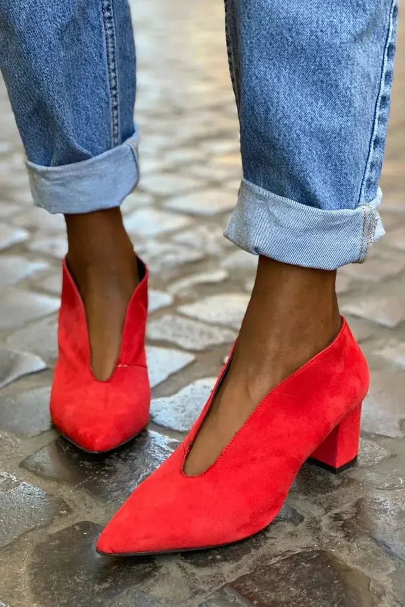 Daphne block heel pumps in red with a sleek feminine silhouette and stable heel, front view