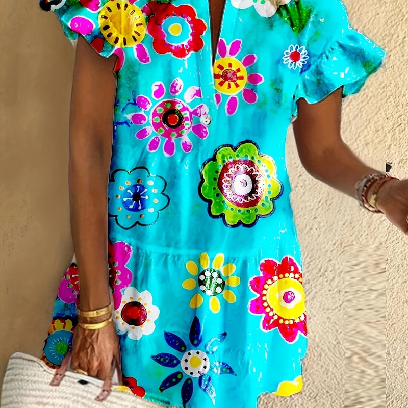 Woman wearing a sky blue floral flowy draped maxi dress in a plus size curve-flattering silhouette, front view