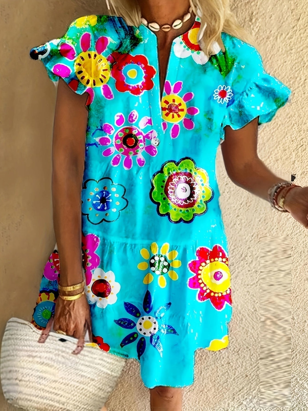 Close-up detail of soft floral print on a sky blue draped maxi dress showing lightweight fabric texture