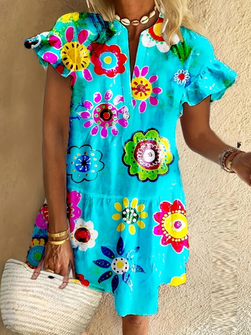 Close-up detail of soft floral print on a sky blue draped maxi dress showing lightweight fabric texture