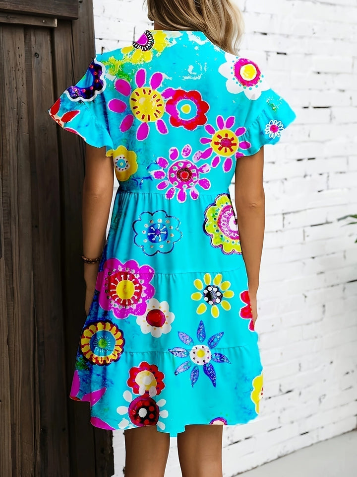 Woman in a sky blue floral maxi dress styled with sandals, showing full-length flowing silhouette