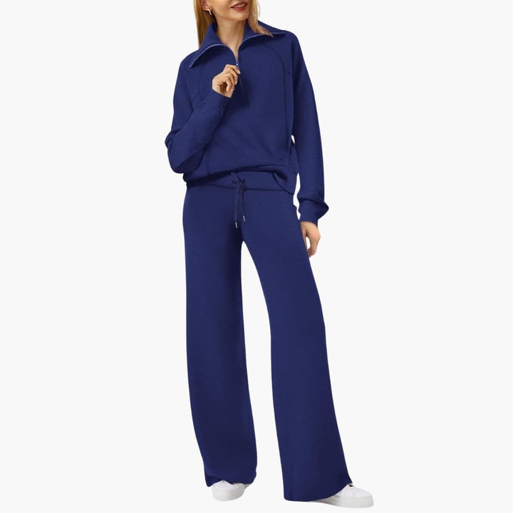 Women's half zip wide leg lounge set in navy with mock collar top and wide leg pants