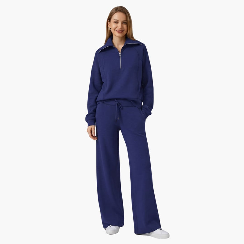 Women's half zip wide leg lounge set in black styled with slides