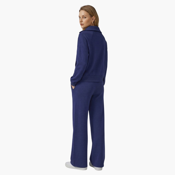 Women's half zip wide leg lounge set in apricot showing drawstring waist detail