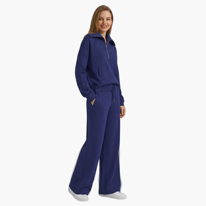Women's half zip wide leg lounge set in brown with half-zip closure closeup