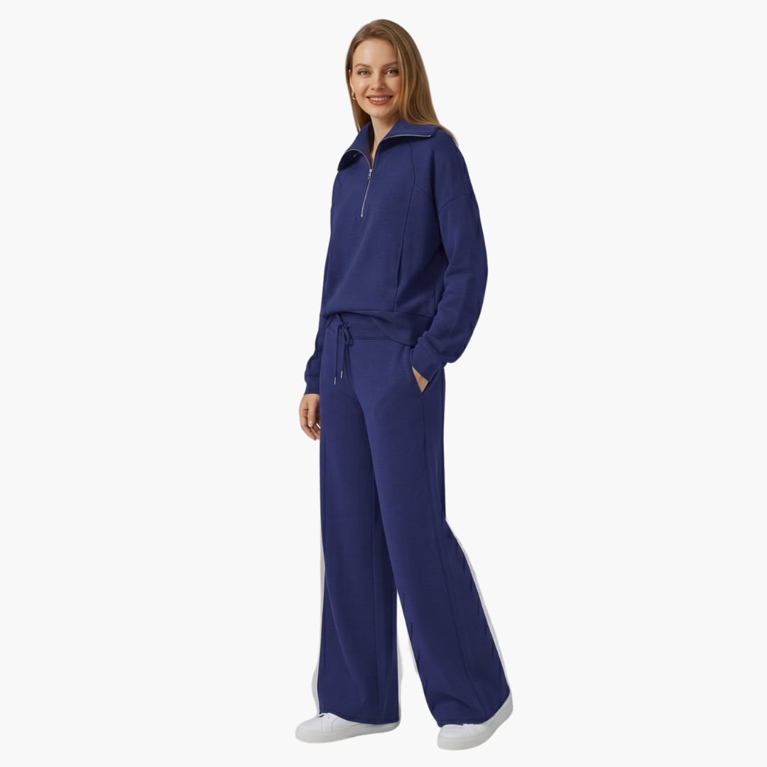 Women's half zip wide leg lounge set in green full-length front view