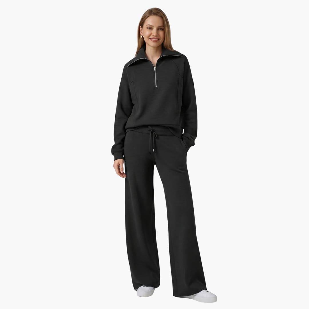 Women's half zip wide leg lounge set in light gray back view