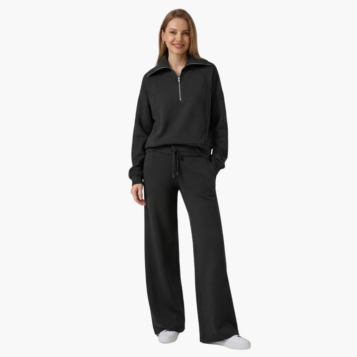 Women's half zip wide leg lounge set in light gray back view